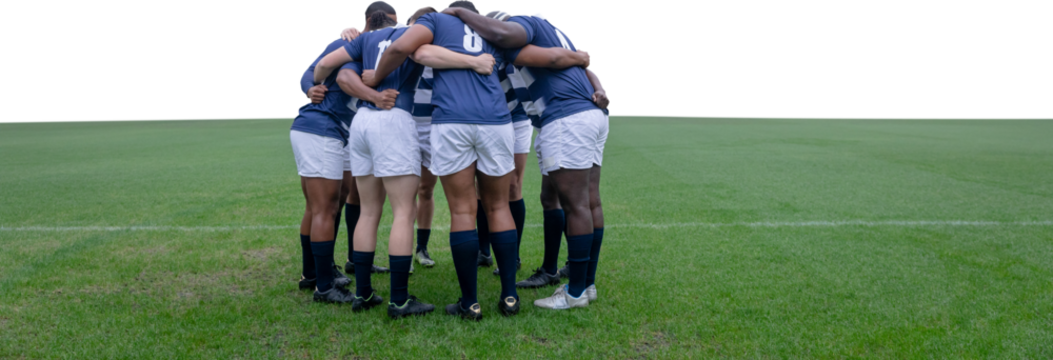 Digital png photo of diverse rugby players teaming up and embracing on transparent background