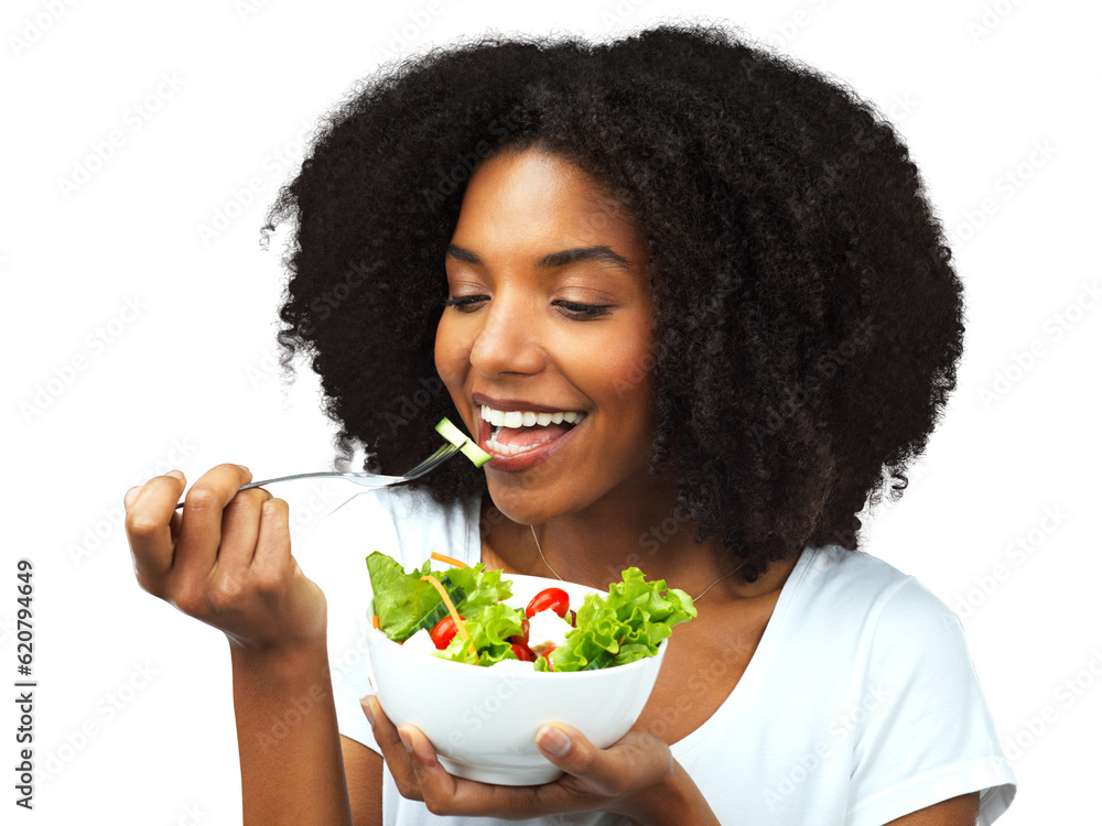 Poster Salad, healthy eating and a woman with food for diet, weight loss and wellness. Black female model happy about vegetables or vegan meal and nutrition benefits isolated on transparent, png background