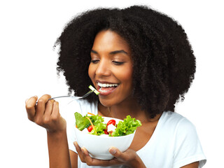 Salad, healthy eating and a woman with food for diet, weight loss and wellness. Black female model...