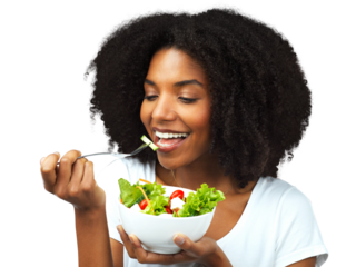 Salad, healthy eating and a woman with food for diet, weight loss and wellness. Black female model happy about vegetables or vegan meal and nutrition benefits isolated on transparent, png background