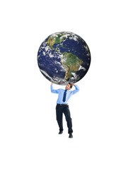 Digital png photo of caucasian businessman carrying planet earth on transparent background