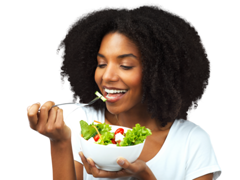 Salad, healthy eating and a woman with food for diet, weight loss and wellness. Black female model happy about vegetables or vegan meal and nutrition benefits isolated on transparent, png background