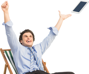 Digital png photo of laughing caucasian businessman throwing tablet on transparent background