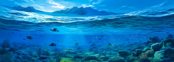 Fototapeta na wymiar blue underwater and above water world with fish and coral reef, banner made with Generative AI
