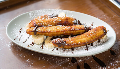 Fried banana dessert / Kluay Tod -Thai dessert with batter fried bananas dusted with powdered sugar...