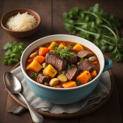 A comforting bowl of beef stew, brimming with tender chunks of beef, hearty root vegetables, and a flavorful, rich broth, garnished with fresh herbs
