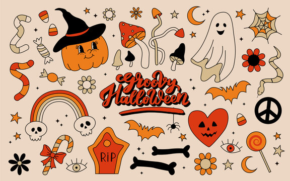 Premium Vector  Hippie halloween retro halloween cute tshirt design with  groovy style boo ghost pumpkin witch etc