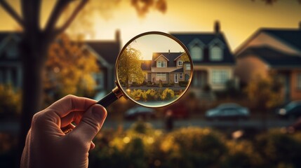 A man is holding a magnifying glass. A man enlarges a beautiful house. Generative AI