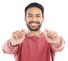Glasses, smile and portrait of man showing frames or eyewear choice isolated in a transparent or png background. Happy, vision and young male person with optometry prescription lens and happiness