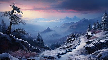 wild snowy land with a rocky trail leading to a frozen trees, misty mountains