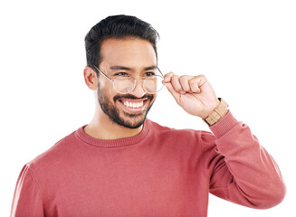 Asian man, holding and glasses with smile for lens in png or isolated or transparent background. Eyewear, guy and vision with care or happiness for prescription with fashion or casual with style. - obrazy, fototapety, plakaty