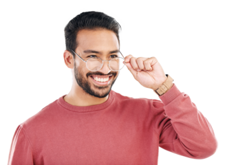 Asian man, holding and glasses with smile for lens in png or isolated or transparent background. Eyewear, guy and vision with care or happiness for prescription with fashion or casual with style.