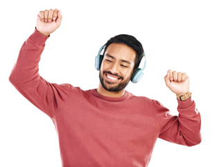 Headphones, dancing and young man with radio, music or album with energy and happiness. Excited, happy and male model listening and moving to a song or playlist isolated by transparent png background