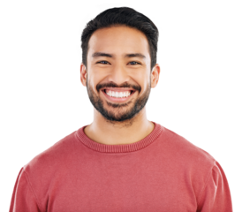 Happy, Asian man in portrait with smile, headshot and pride isolated on transparent png background. Attractive male person, happiness and positive mindset with confidence, youth and model face