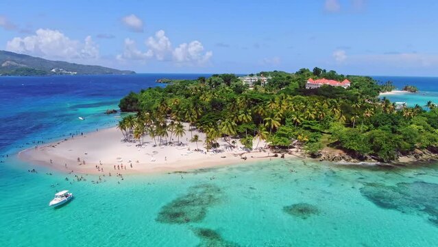 Scenic aerial of exotic Caribbean beach with crystal clear ocean, Cayo Levantado