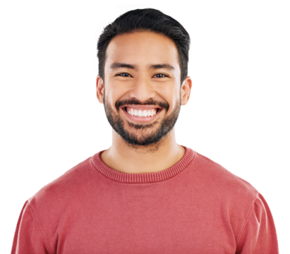 Happy, Asian man in portrait with smile, headshot and pride isolated on transparent png background. Attractive male person, happiness and positive mindset with confidence, youth and model face