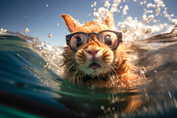 Cute Bunny Holland Lop Rabbit wearing glasses swimming the beach in summer time and wave water background , Generative Ai