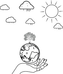 hand holding the earth globe with tree, sun, rain, clouds, black line art or doodle planet, hand drawing  ecology and environment of save world environment day concept