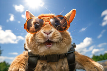 Cute Bunny Holland Lop Rabbit wearing glasses swimming the beach in summer time and wave water background , Generative Ai