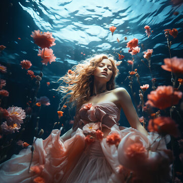 the magic ocean lady with flowers, beautiful young woman with white dress and long hair, fictional person created with generative ai