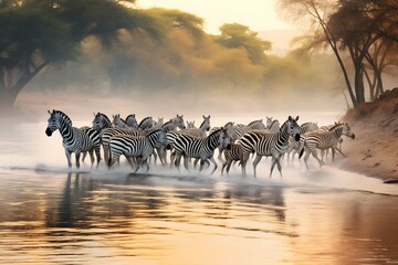herd of zebras crossing the river - obrazy, fototapety, plakaty