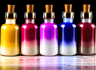 Obraz na płótnie Canvas A group of glass flasks with colorful liquid in them, Generative AI