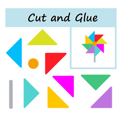 Cut parts of the image and glue on the paper. DIY worksheet. Vector illustration of pinwheel from geometric shapes.
