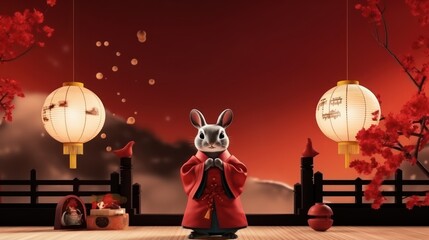 Obraz na płótnie Canvas Cheerful Rabbit Celebrating Mid Autumn, Happy Mid Autumn Festival Background. Generative Ai