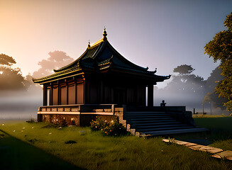 Fototapeta premium Chinese temple in the mountains at night , Generative AI