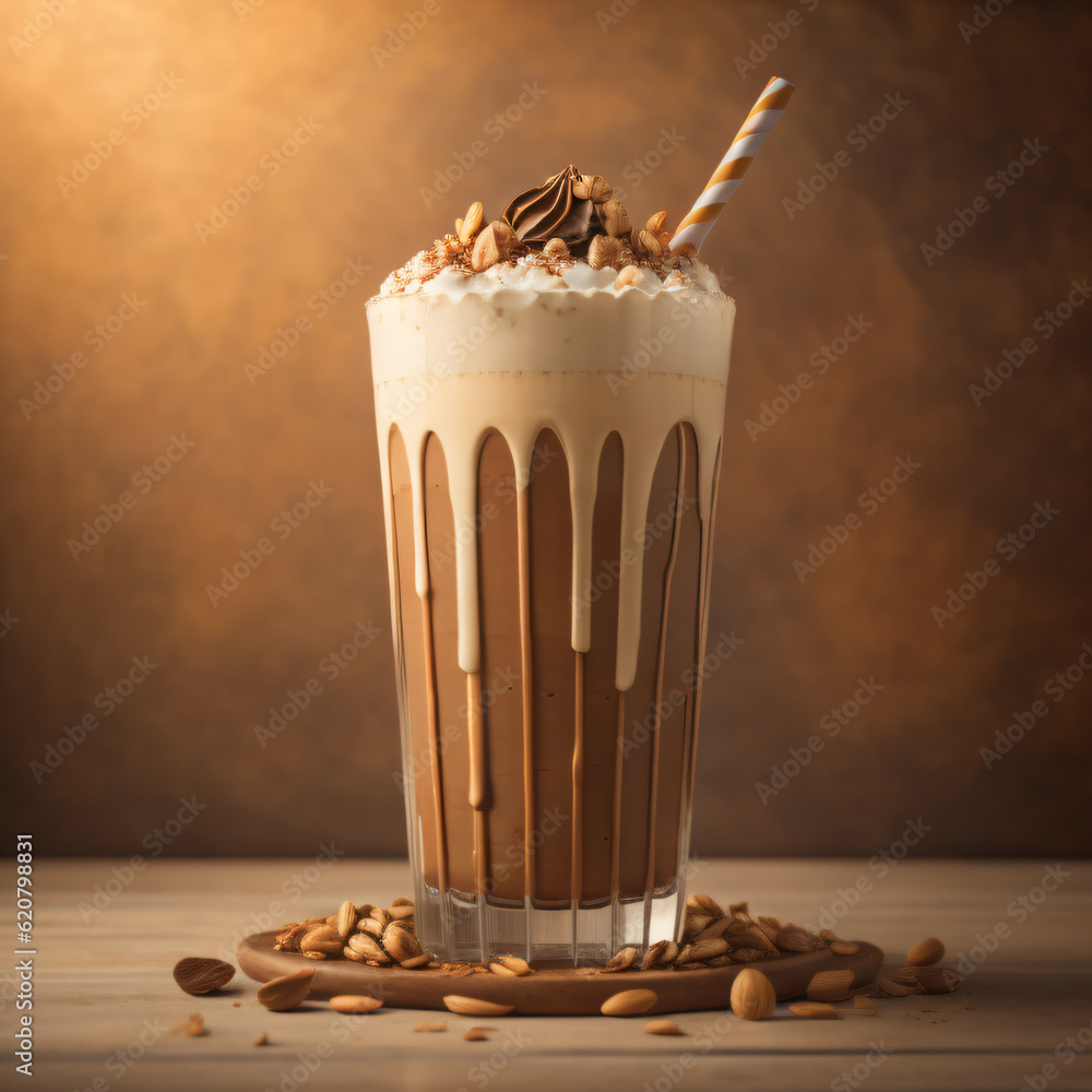 Poster delightful blend of chocolate and nut-infused milkshake, garnished with a drizzle of caramel sauce a