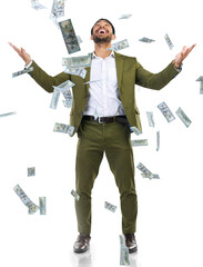 Businessman, money rain and financial freedom for winning bonus isolated on a transparent PNG background. Happy asian man or employee with falling cash for finance loan, savings or investment growth
