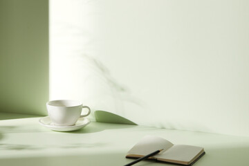 A room with various objects such as warm sunlight, shadows of grass leaves, a vase on a table, and cups
