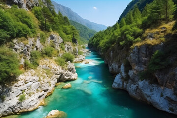 Fototapeta na wymiar River moraca, canyon platije. montenegro, canyon, mountain road. picturesque journey, beautiful mountain turquoise river photography