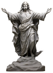 Sculpture, a statue of a Christian standing on a stone. Old man with raised hands on a transparent background. PNG, Illustration, Generative AI.