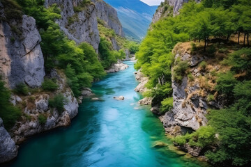 Naklejka na ściany i meble River moraca, canyon platije. montenegro, canyon, mountain road. picturesque journey, beautiful mountain turquoise river photography