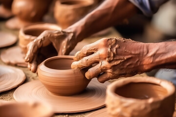 Fototapeta na wymiar Closeup shot of pottery making using clay