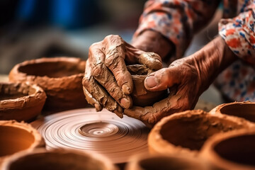 Closeup shot of pottery making using clay