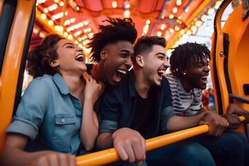 A group of friends from different races and genders enjoying a day at an amusement park, experiencing thrilling rides and creating lasting memories. Generative AI