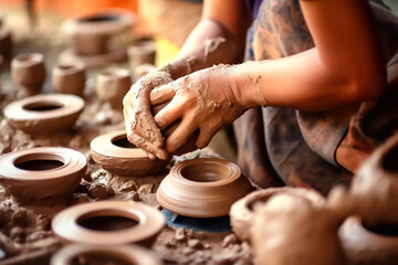 Fototapeta na wymiar Closeup shot of pottery making using clay