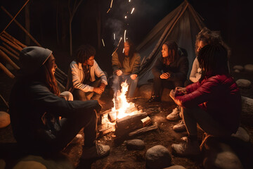 Obraz na płótnie Canvas A group of friends from different races and genders gathering around a bonfire at a camping trip, sharing stories and bonding under the starry night sky. Generative AI