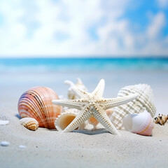 Fototapeta na wymiar Shells and starfish on the beauty beach background
