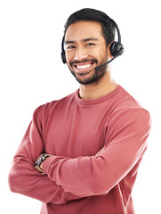 Call center, man with arms crossed and headset, customer service job with CRM isolated on...
