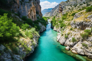 Obraz premium River moraca, canyon platije. montenegro, canyon, mountain road. picturesque journey, beautiful mountain turquoise river photography