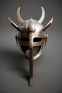 Image of an antique metal Viking helmet. (AI-generated fictional illustration)
