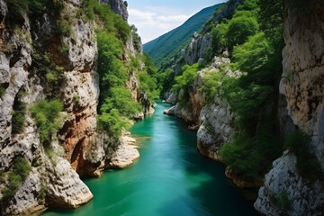 Obraz premium River moraca, canyon platije. montenegro, canyon, mountain road. picturesque journey, beautiful mountain turquoise river photography