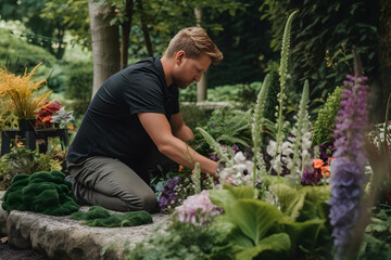 Fototapeta na wymiar A landscape designer creating a beautiful outdoor space, incorporating plants and elements for aesthetic appeal. Generative AI