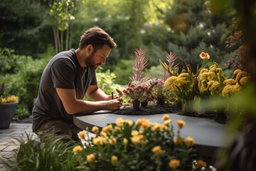 Naklejka na ściany i meble A landscape designer creating a beautiful outdoor space, incorporating plants and elements for aesthetic appeal. Generative AI
