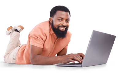 Portrait of black man, typing and happy on laptop in studio for streaming, movies or search on the internet on png background. Transparent, isolated person and computer for movie, show or tv online