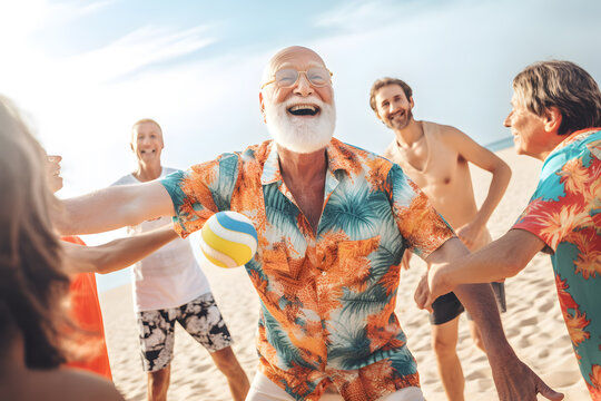 A senior man wearing a Hawaiian shirt and playing beach volleyball with a group of younger players, showcasing energy and enthusiasm. Generative AI