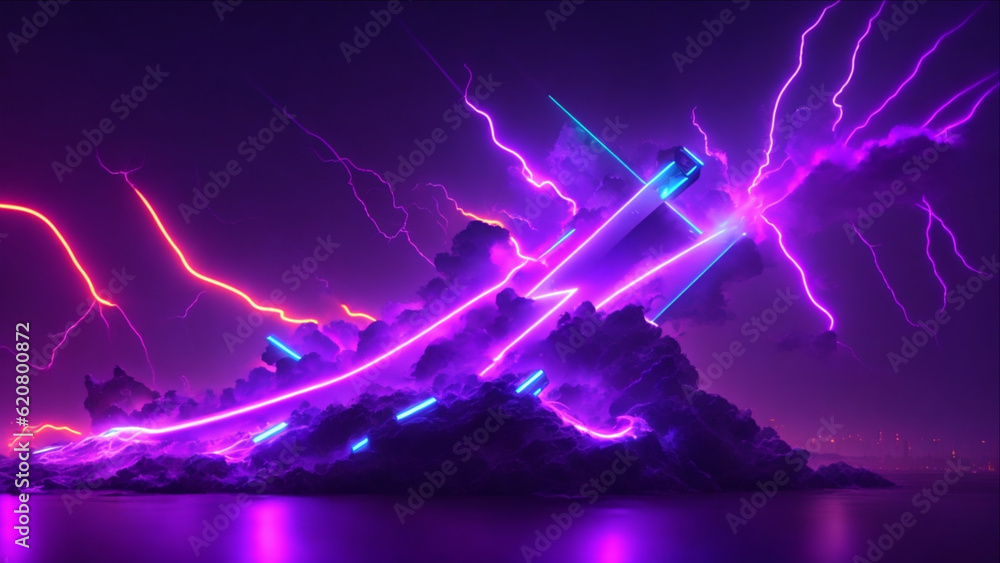 Aufkleber technology background: 3d render, abstract lighting in neon lines and waves with vray tracing style 